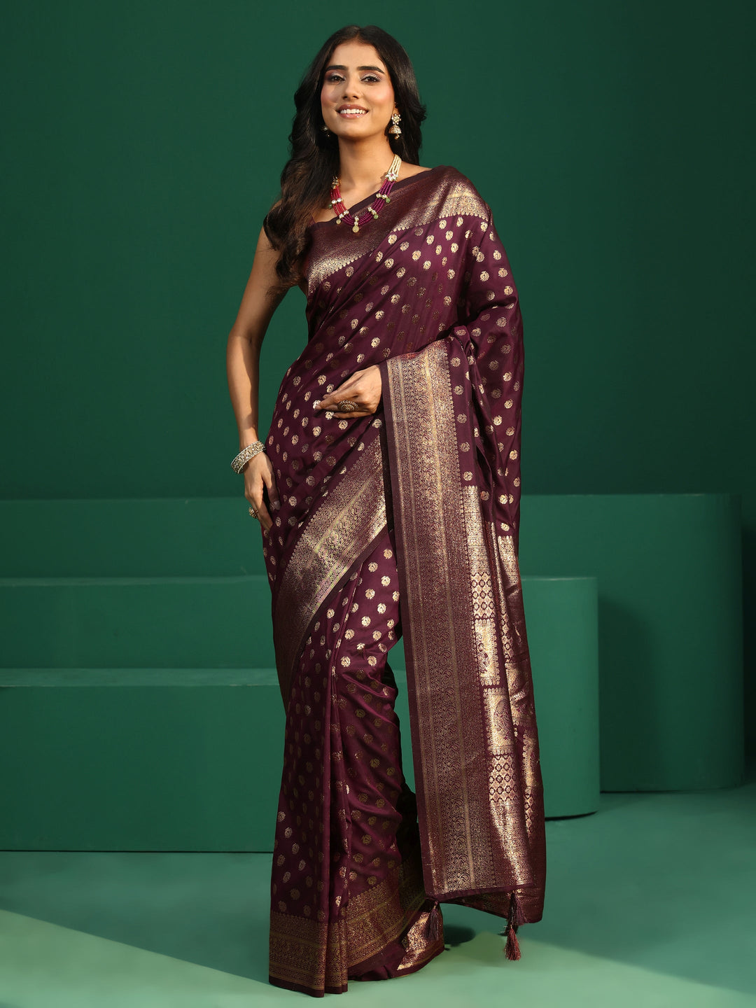  Libas Wine Red Banarasi Silk Blend Saree 