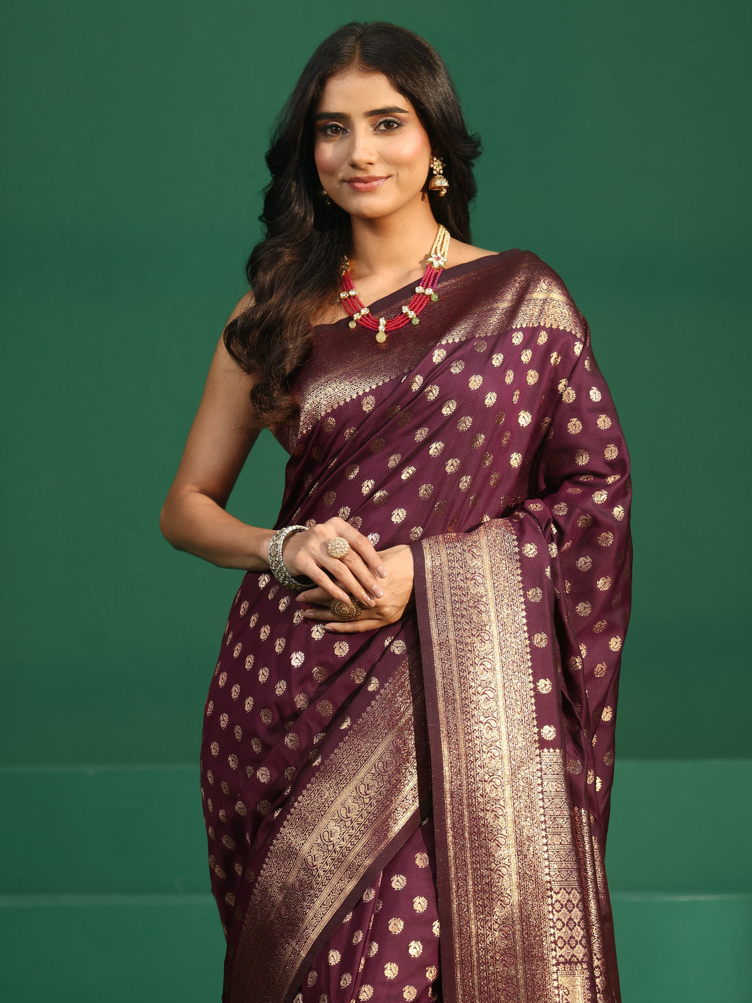  Libas Wine Red Banarasi Silk Blend Saree 