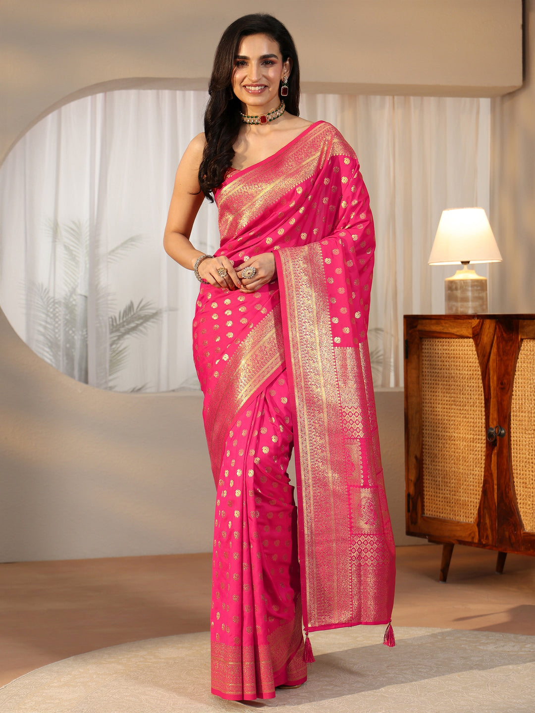  Libas Hot Pink Banarasi Silk Blend Saree 