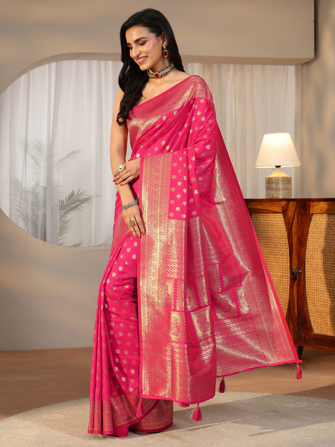  Libas Hot Pink Banarasi Silk Blend Saree 