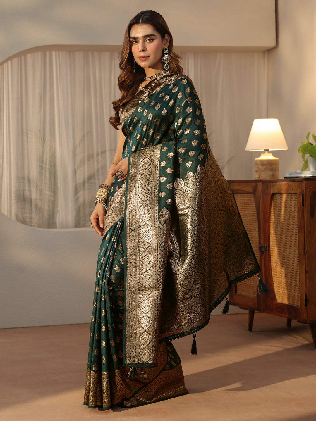  Libas Forest Green Banarasi Silk Blend Saree 