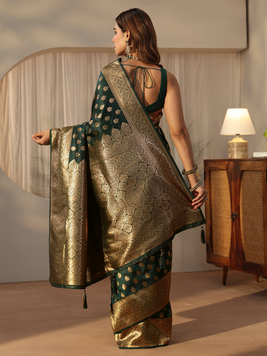  Libas Forest Green Banarasi Silk Blend Saree 