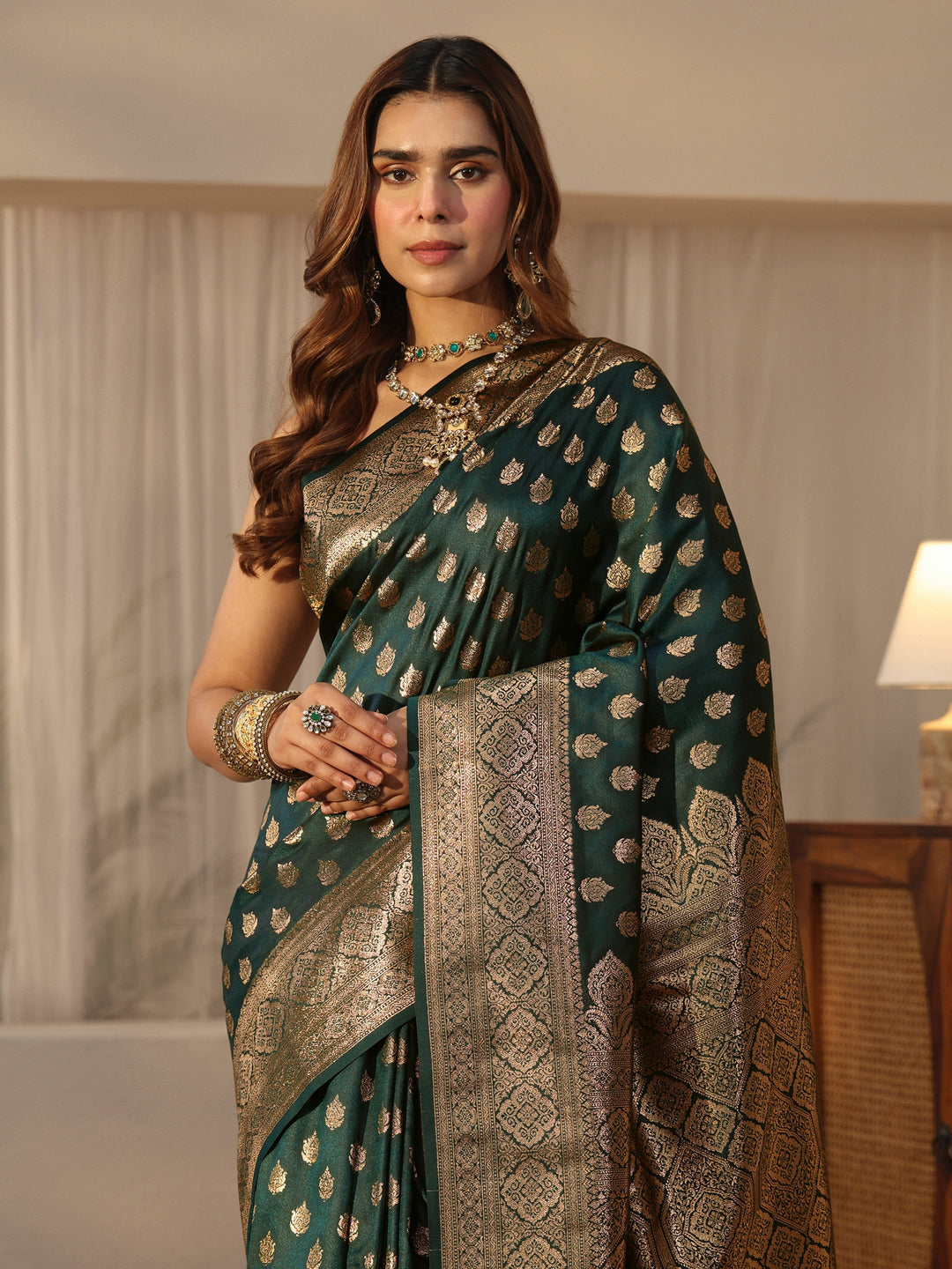  Libas Forest Green Banarasi Silk Blend Saree 