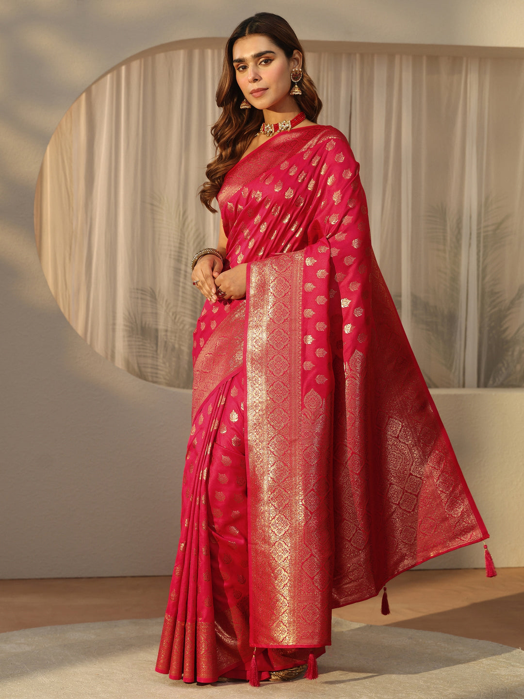  Libas Hot Pink Banarasi Silk Blend Saree 