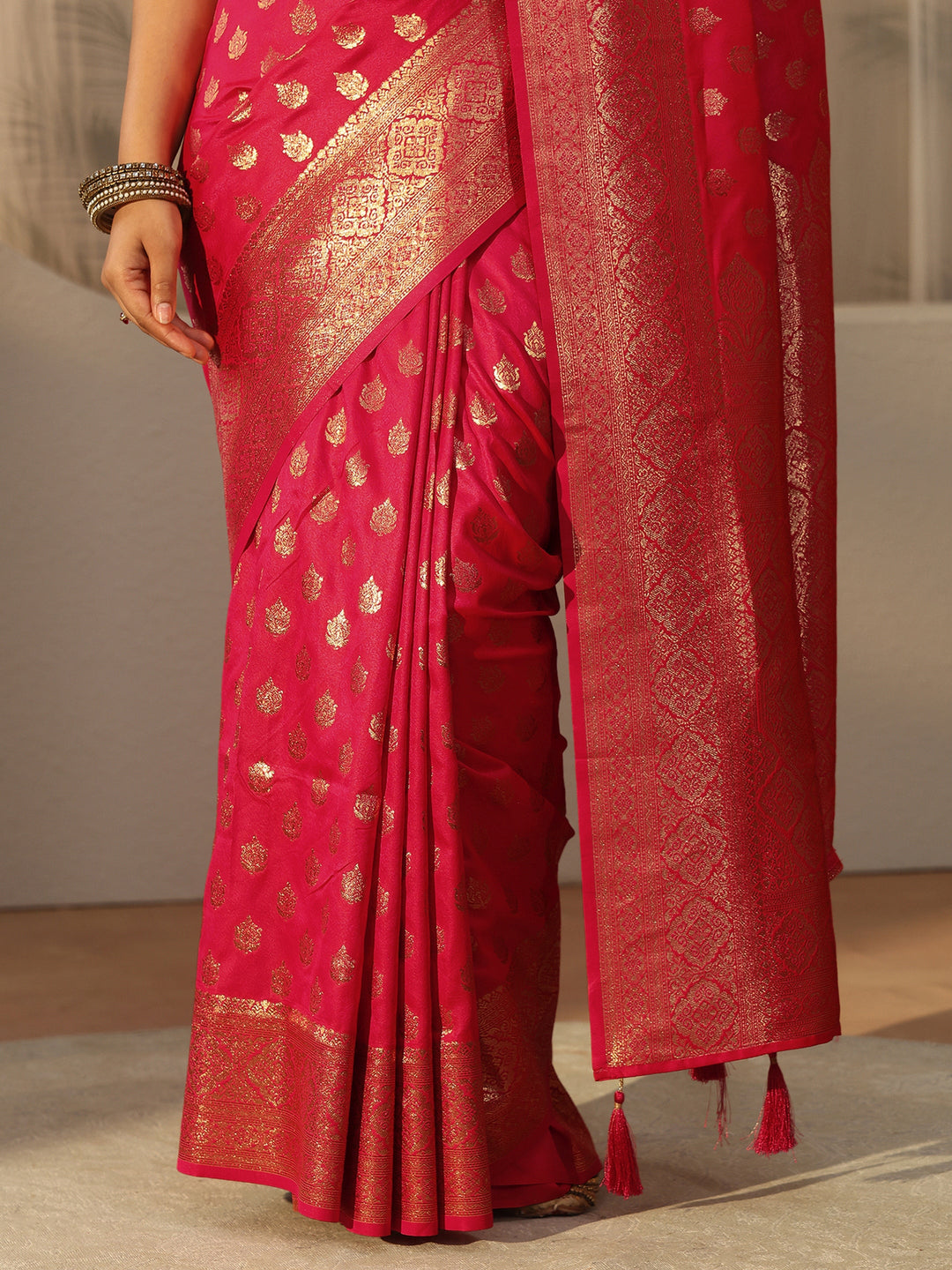  Libas Hot Pink Banarasi Silk Blend Saree 