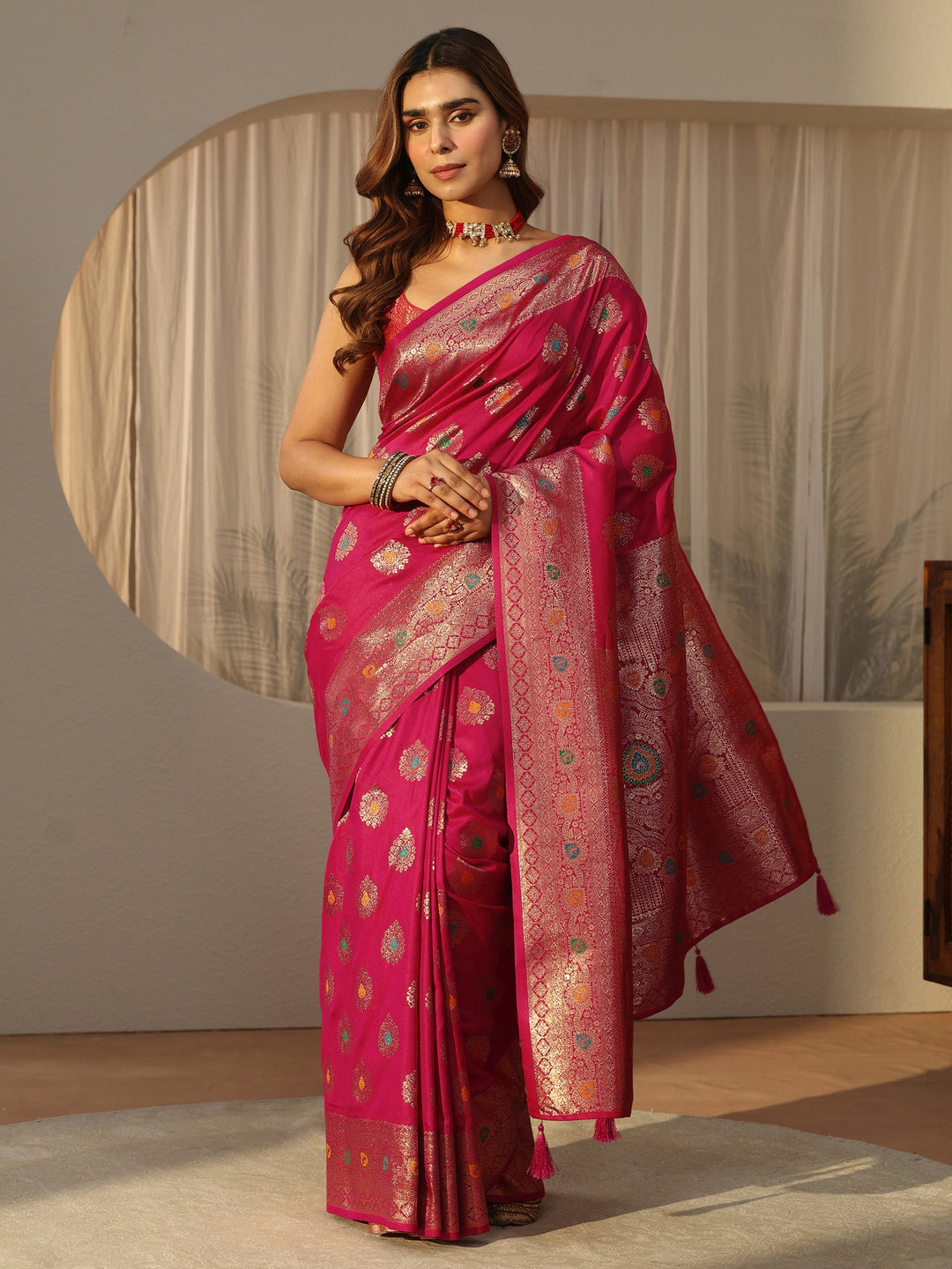  Libas Fuchsia Pink Banarasi Silk Blend Saree 