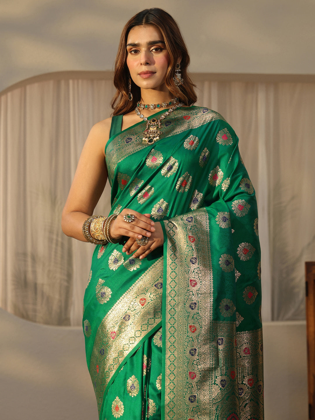  Libas Emerald Green Banarasi Silk Blend Saree 
