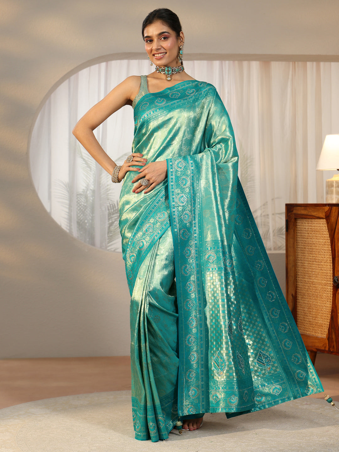  Libas Sea Green Floral Woven Silk Blend Saree 