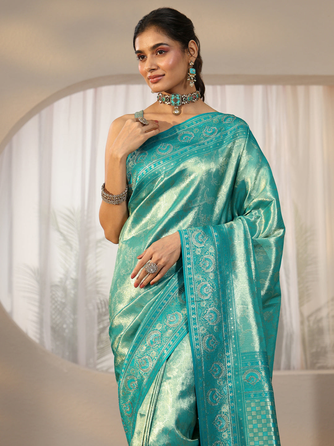  Libas Sea Green Floral Woven Silk Blend Saree 