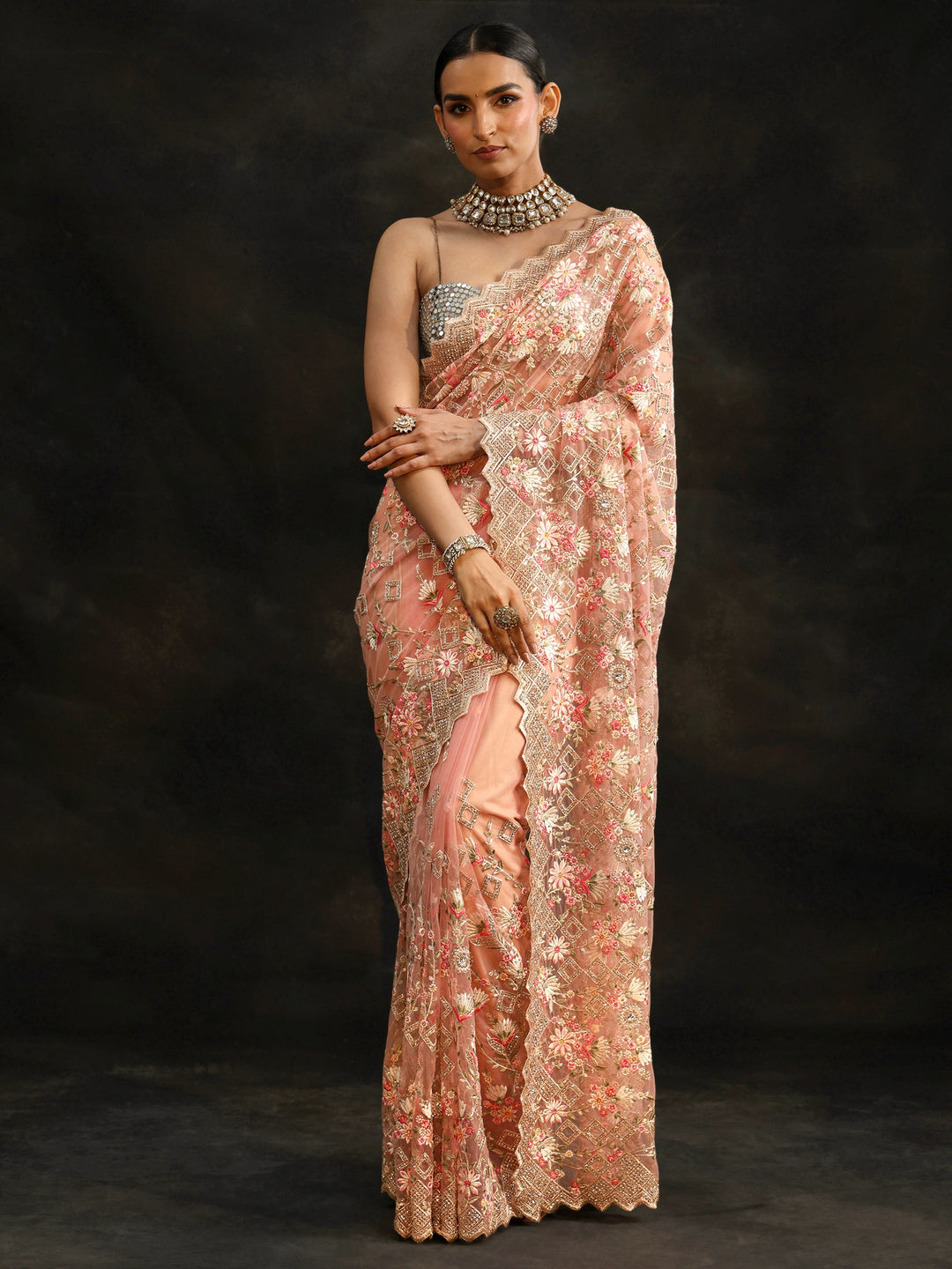  Libas Peach Pink Floral Embellished Net Saree 
