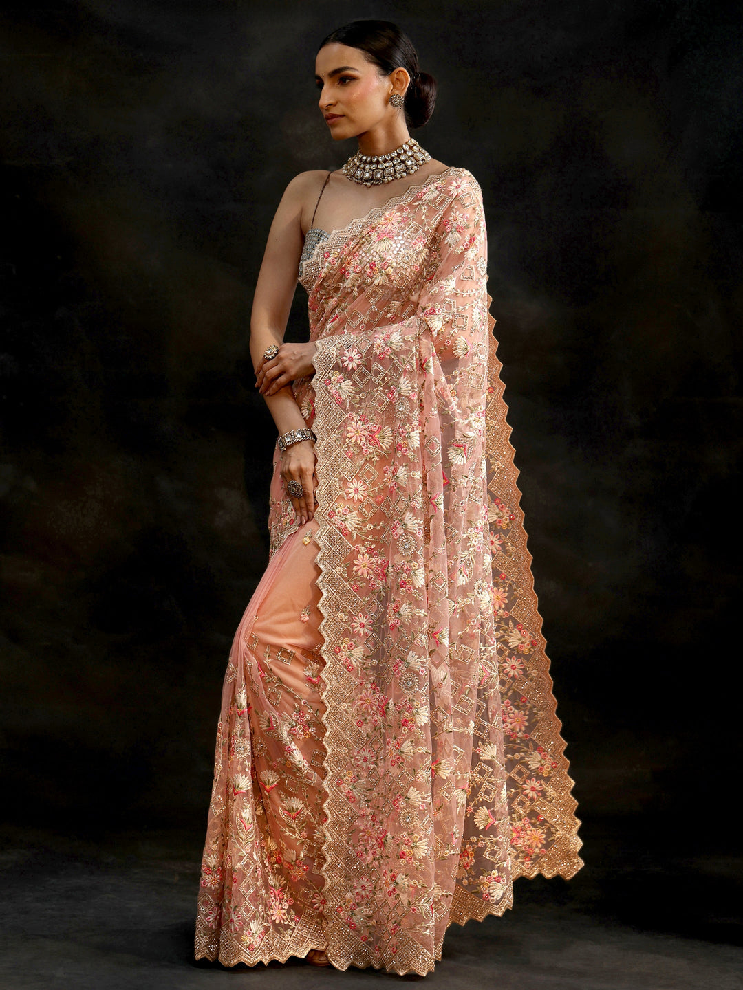  Libas Peach Pink Floral Embellished Net Saree 