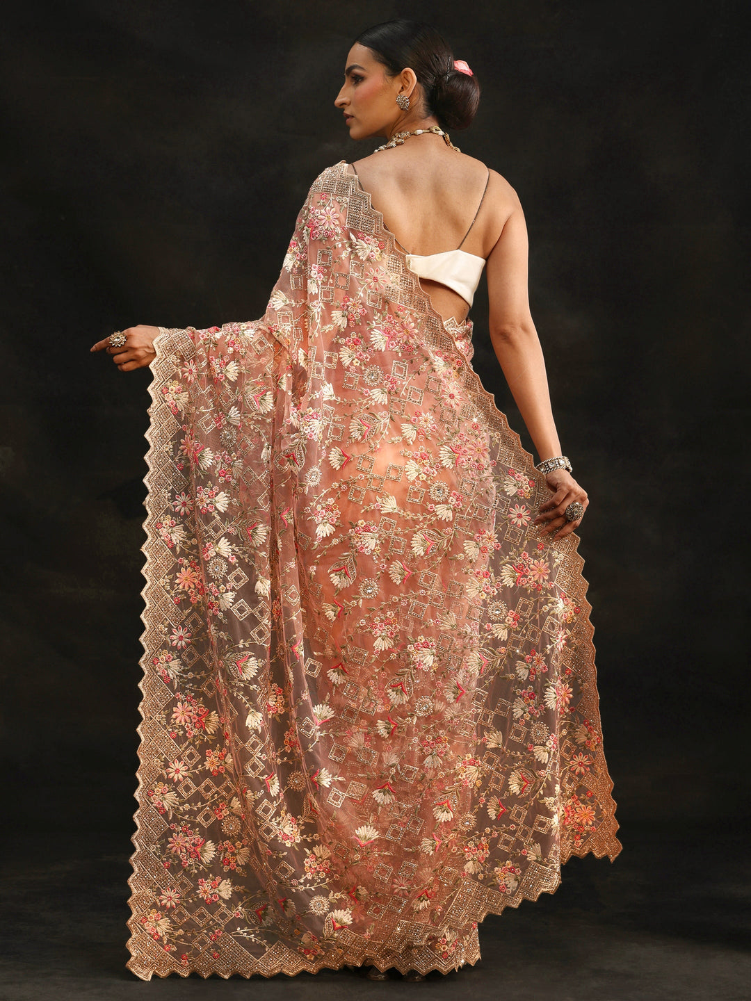  Libas Peach Pink Floral Embellished Net Saree 