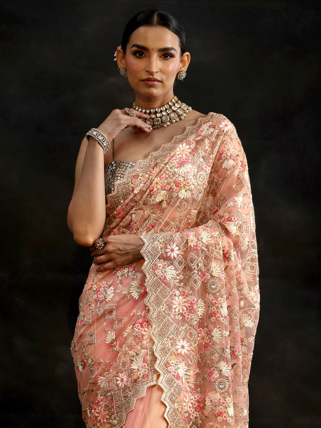  Libas Peach Pink Floral Embellished Net Saree 