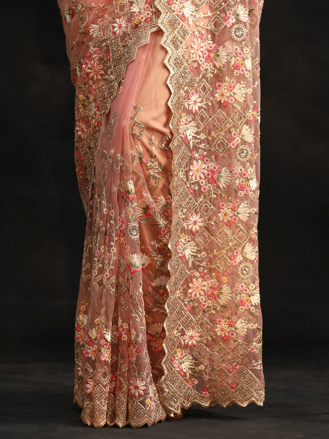  Libas Peach Pink Floral Embellished Net Saree 