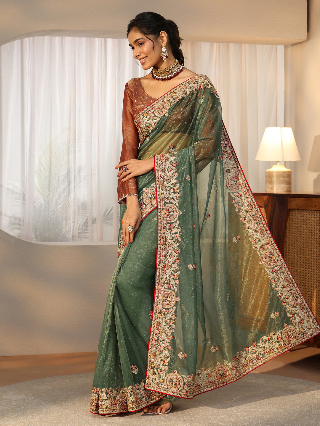  Libas Olive Green Floral Embroidered Net Saree 