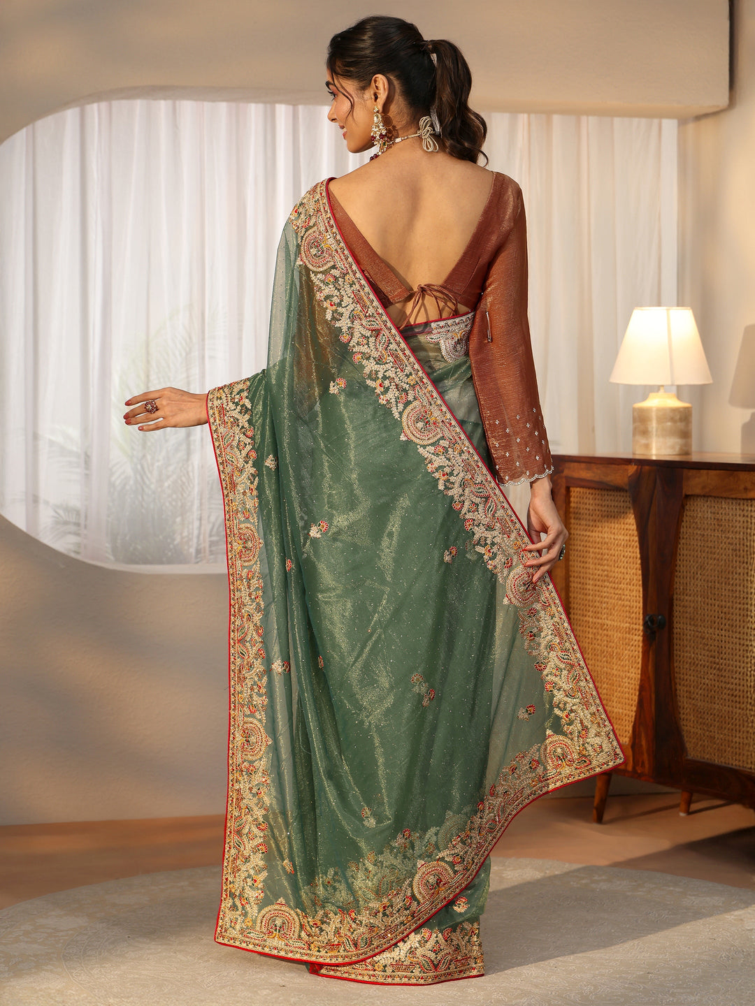  Libas Olive Green Floral Embroidered Net Saree 