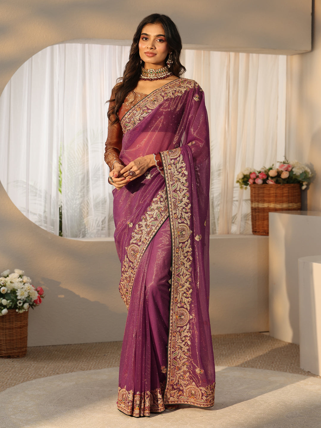 Libas Plum Purple Floral  Embroidered Net Saree 