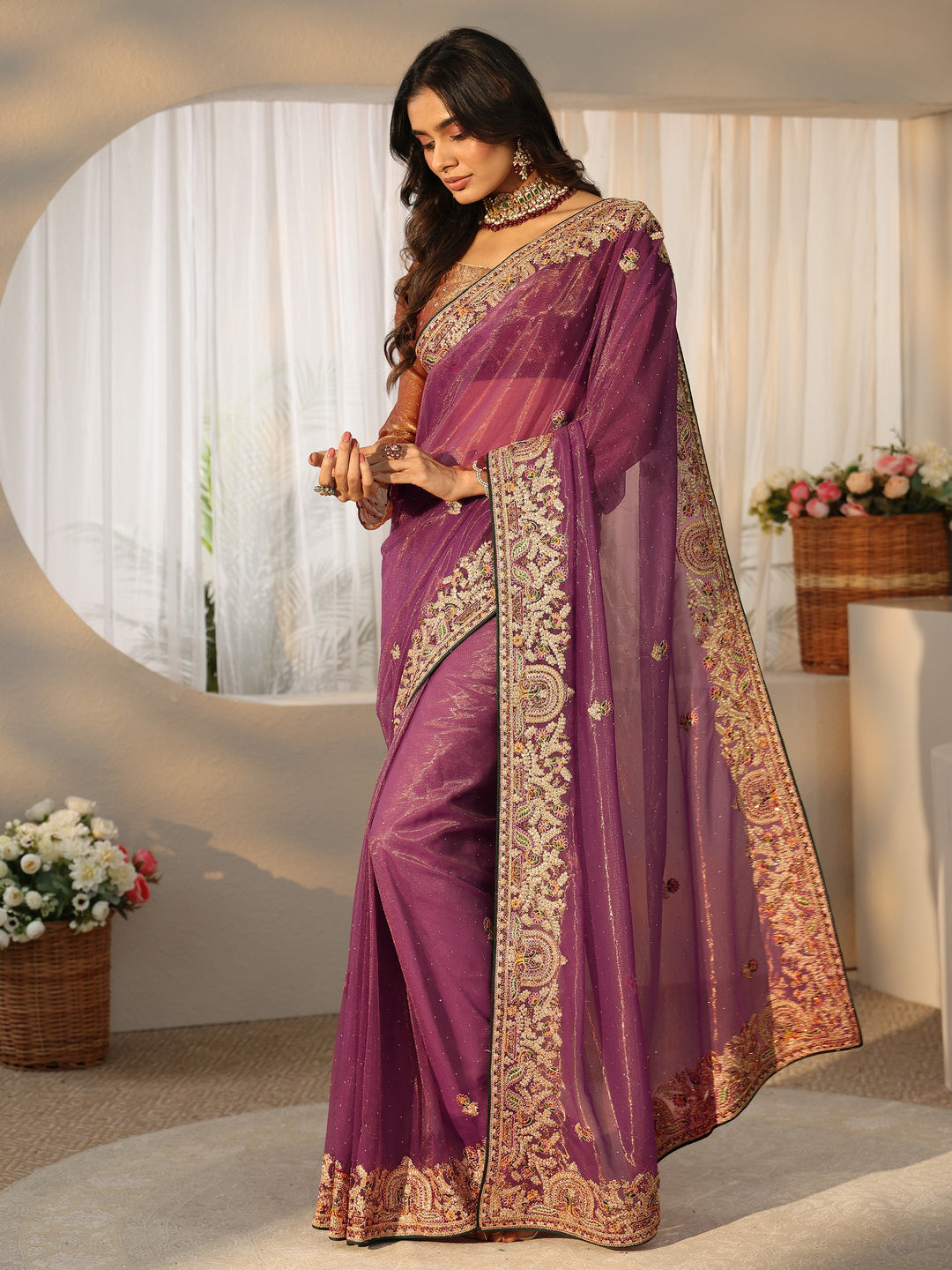  Libas Plum Purple Floral  Embroidered Net Saree 