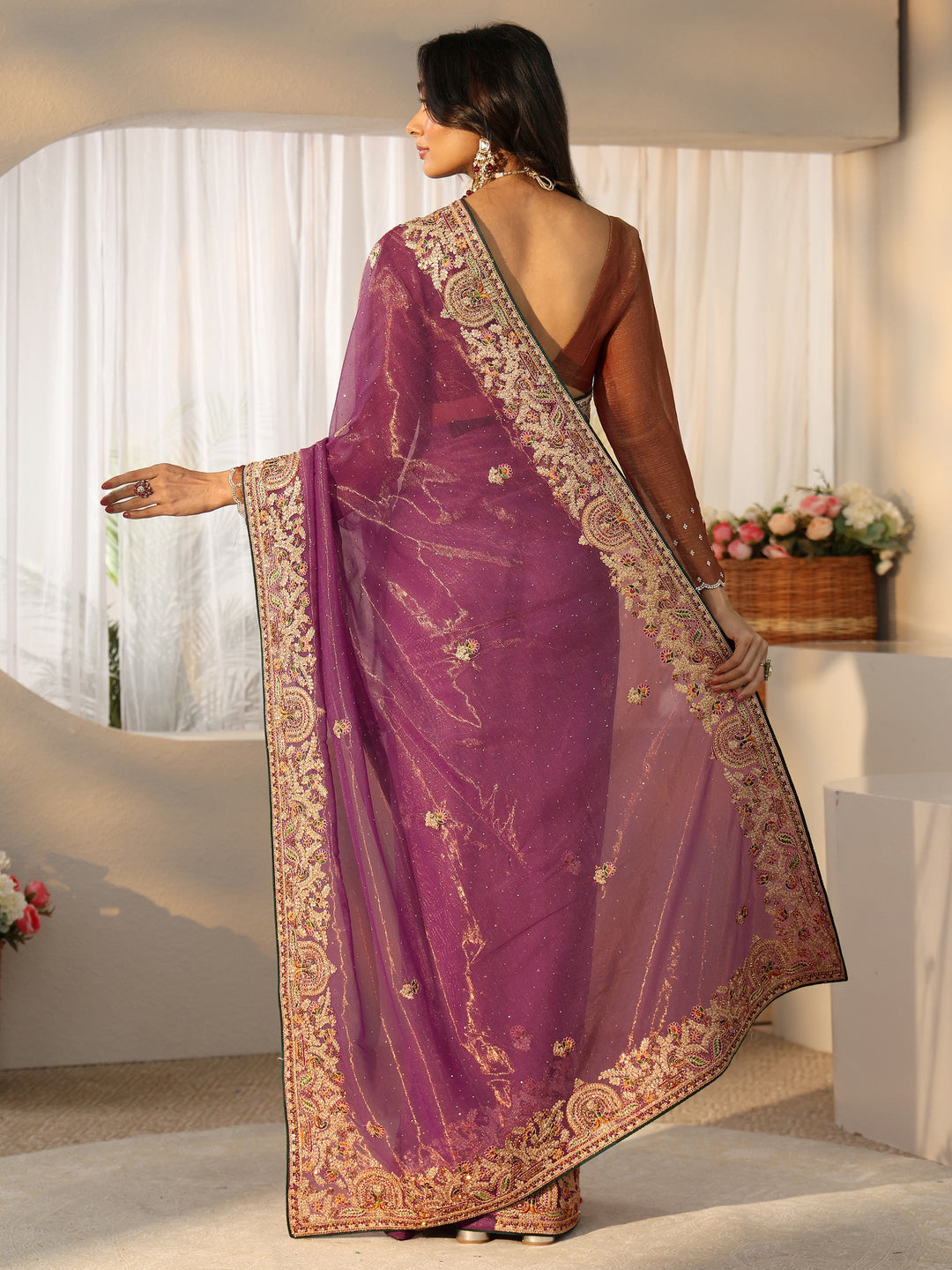  Libas Plum Purple Floral  Embroidered Net Saree 