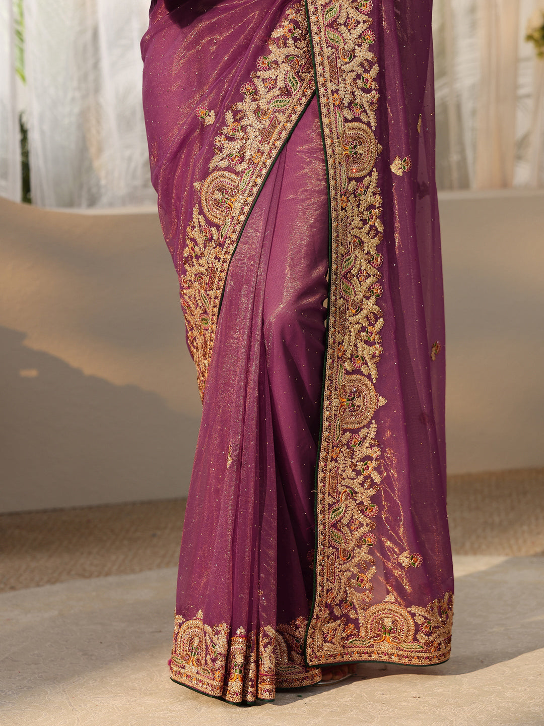  Libas Plum Purple Floral  Embroidered Net Saree 