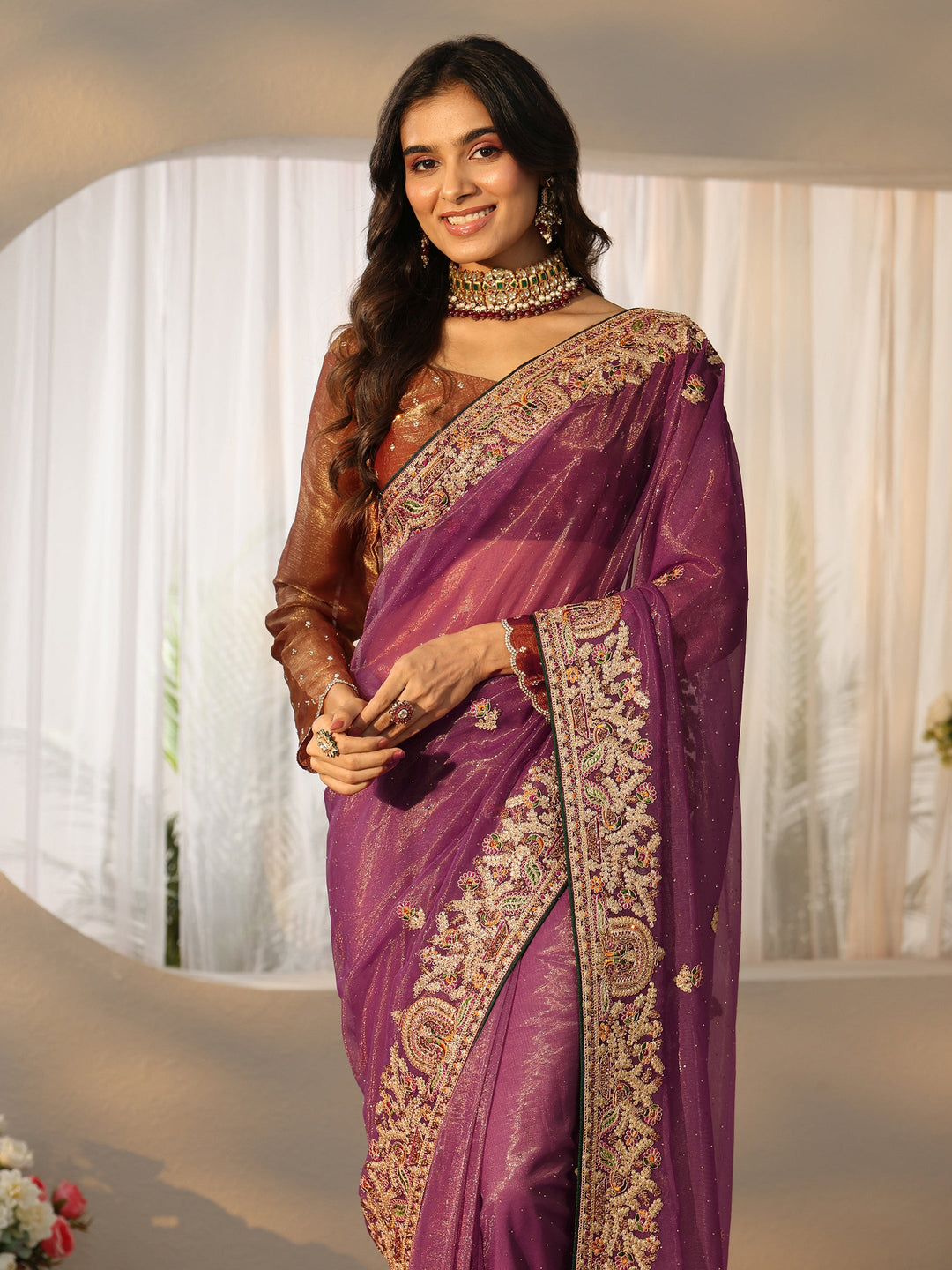  Libas Plum Purple Floral  Embroidered Net Saree 