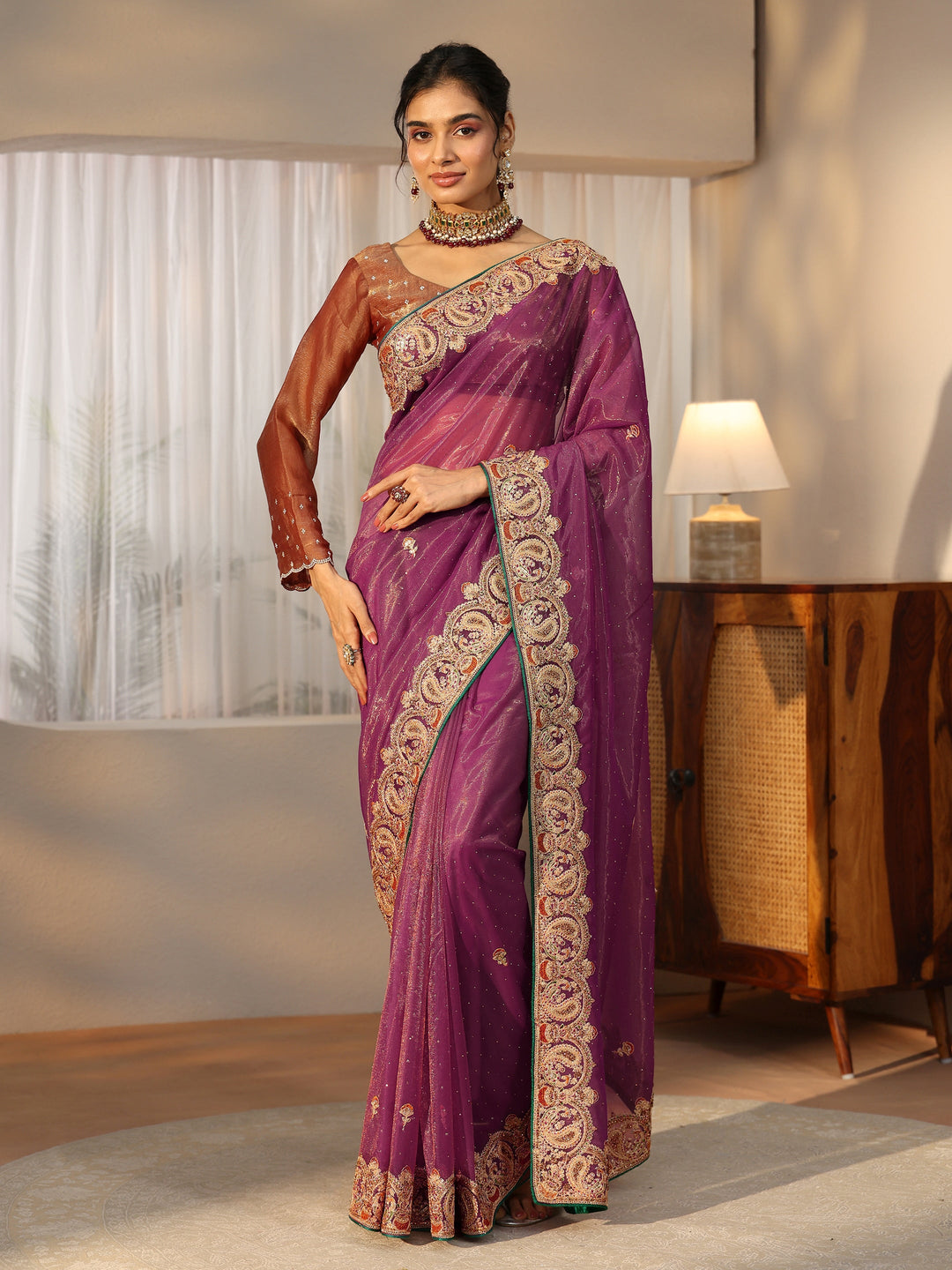  Libas Plum Purple Net Saree with Embellished Paisley Border 