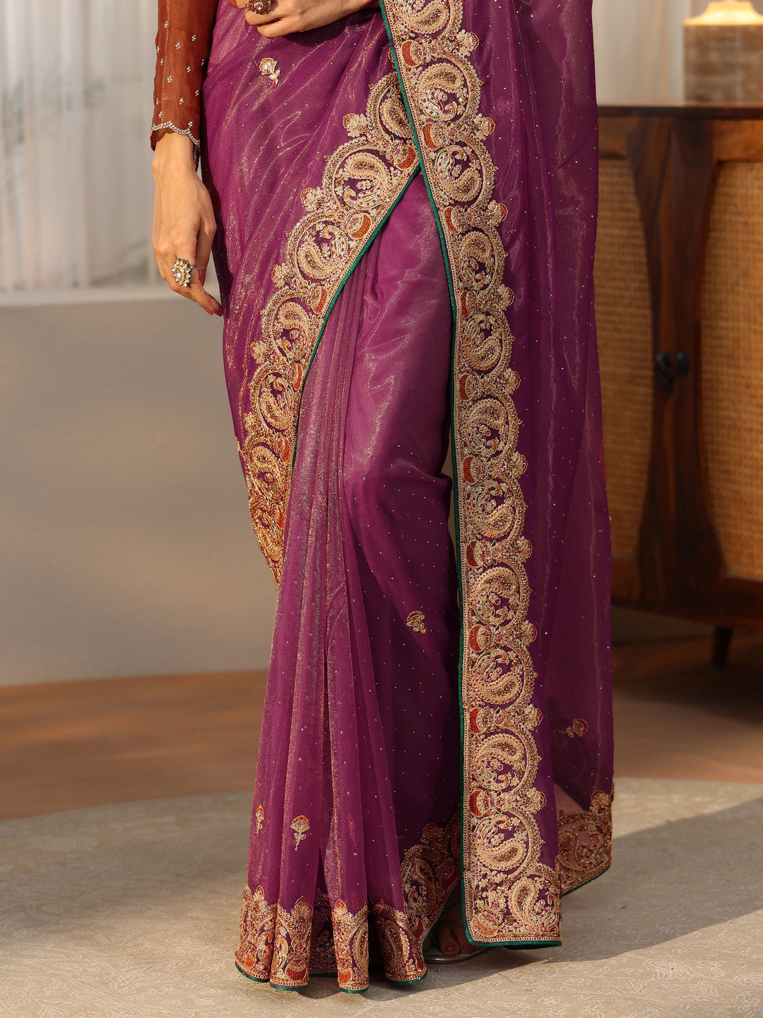  Libas Plum Purple Net Saree with Embellished Paisley Border 