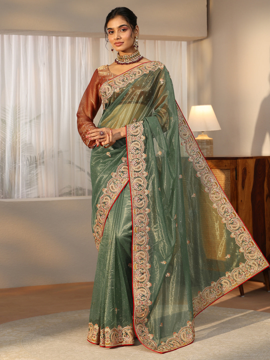  Libas Olive Green Net Saree with Embellished Paisley Border 