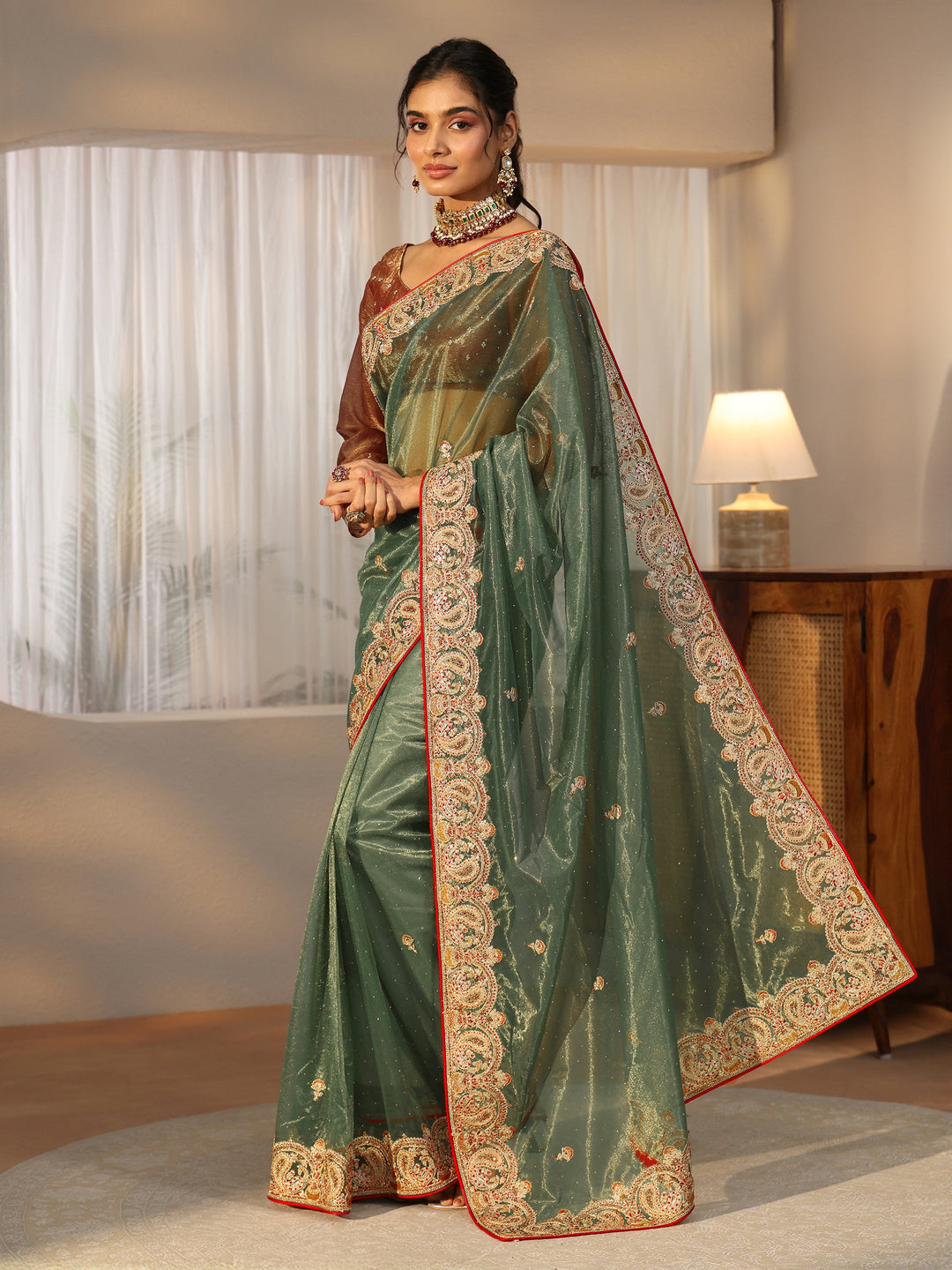 Libas Olive Green Net Saree with Embellished Paisley Border 