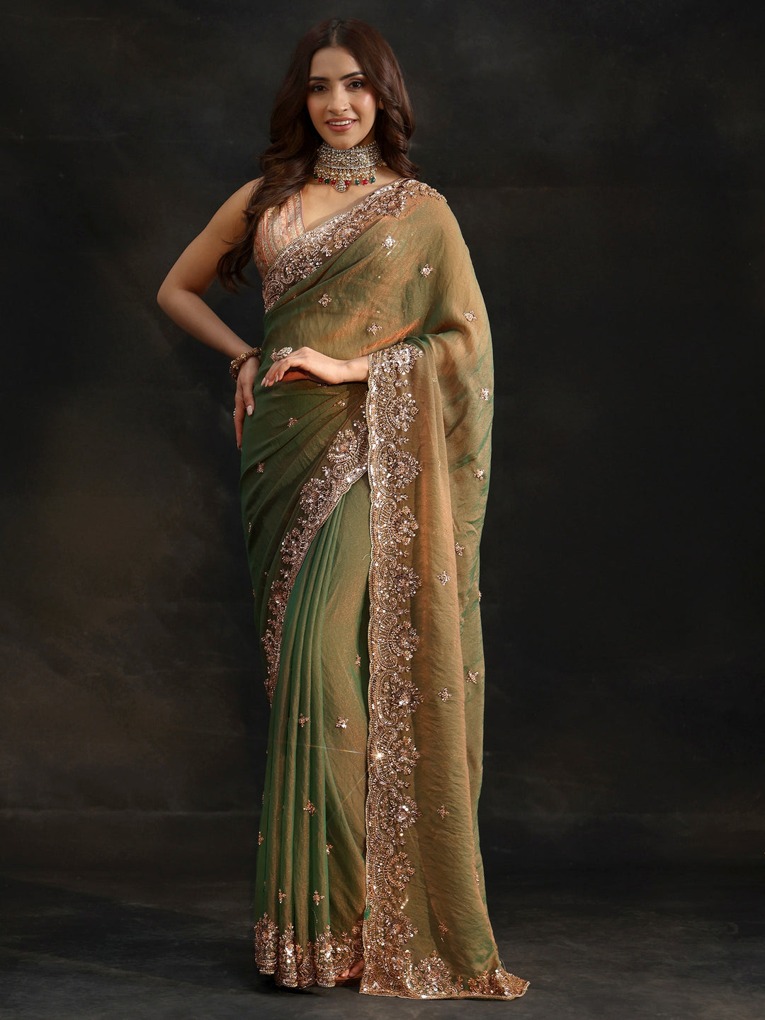  Libas Olive Green Sequined Tissue Saree 