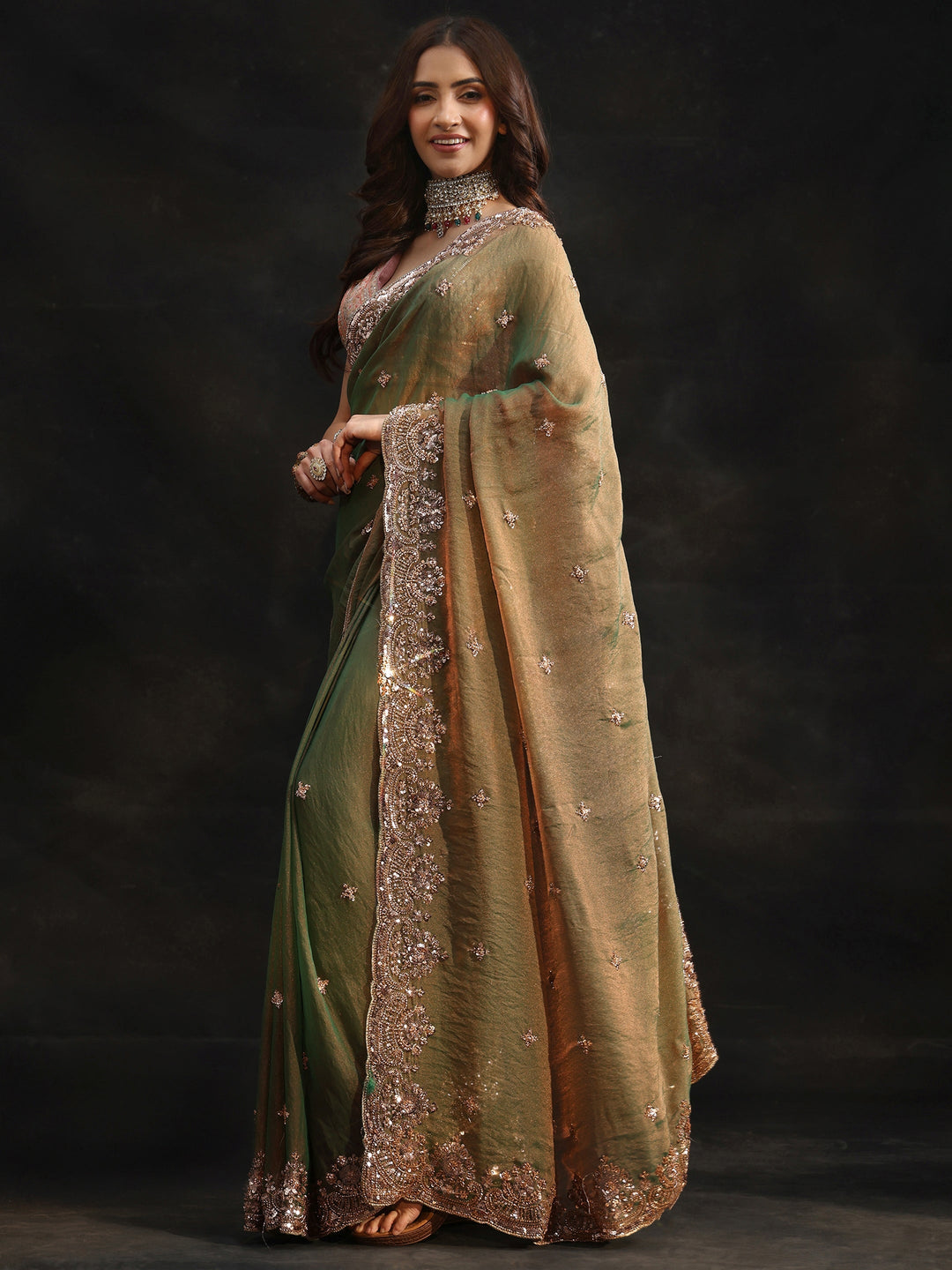  Libas Olive Green Sequined Tissue Saree 
