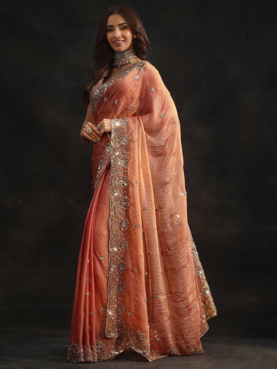  Libas Peach Floral Embellished Tissue Saree 