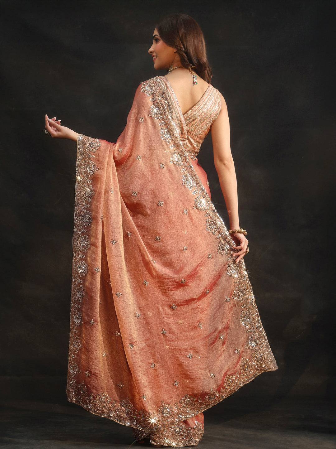  Libas Peach Floral Embellished Tissue Saree 