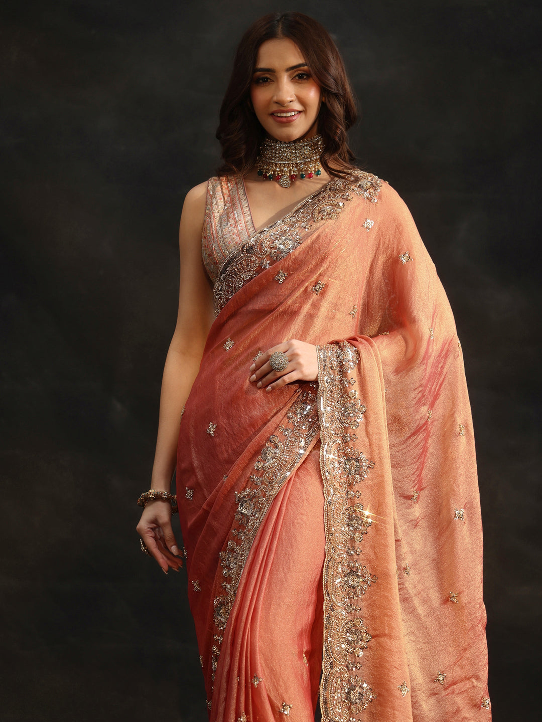  Libas Peach Floral Embellished Tissue Saree 