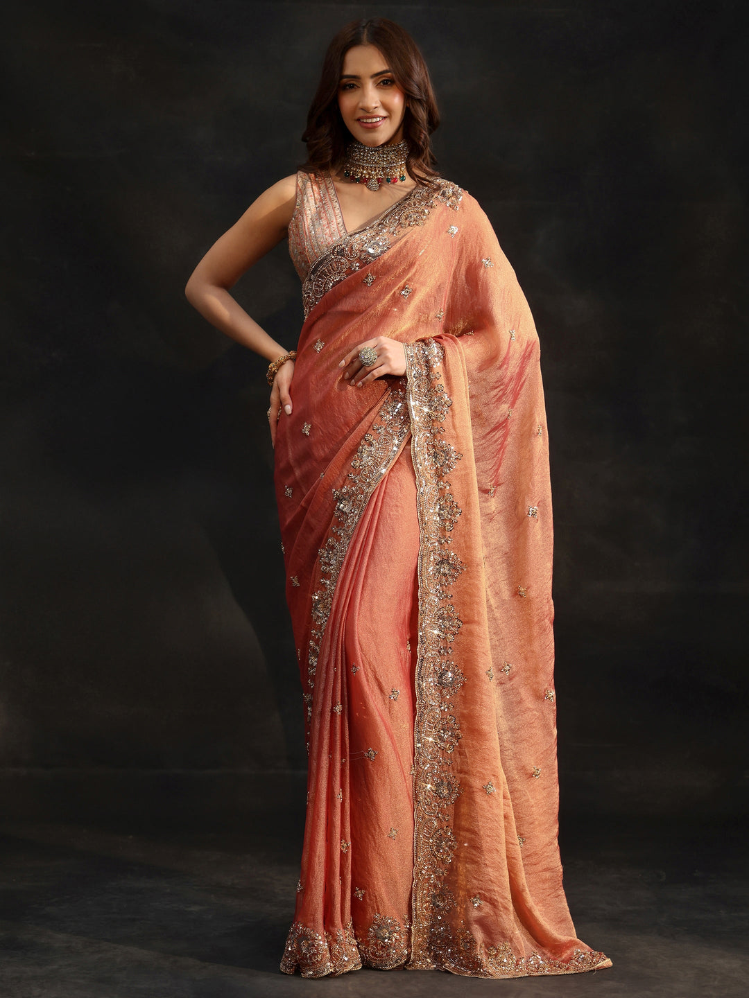  Libas Peach Floral Embellished Tissue Saree 