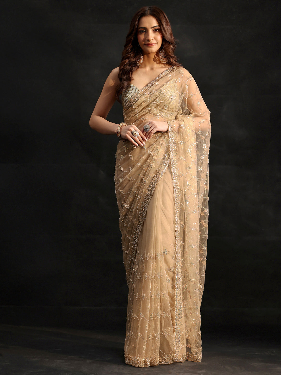  Libas Gold Stone Embellished Net Saree 