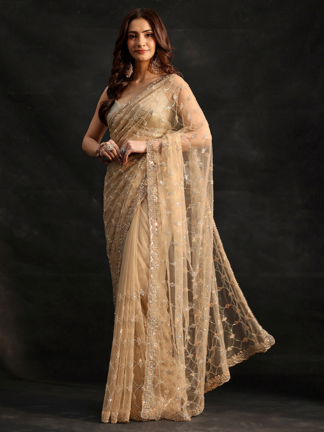  Libas Gold Stone Embellished Net Saree 