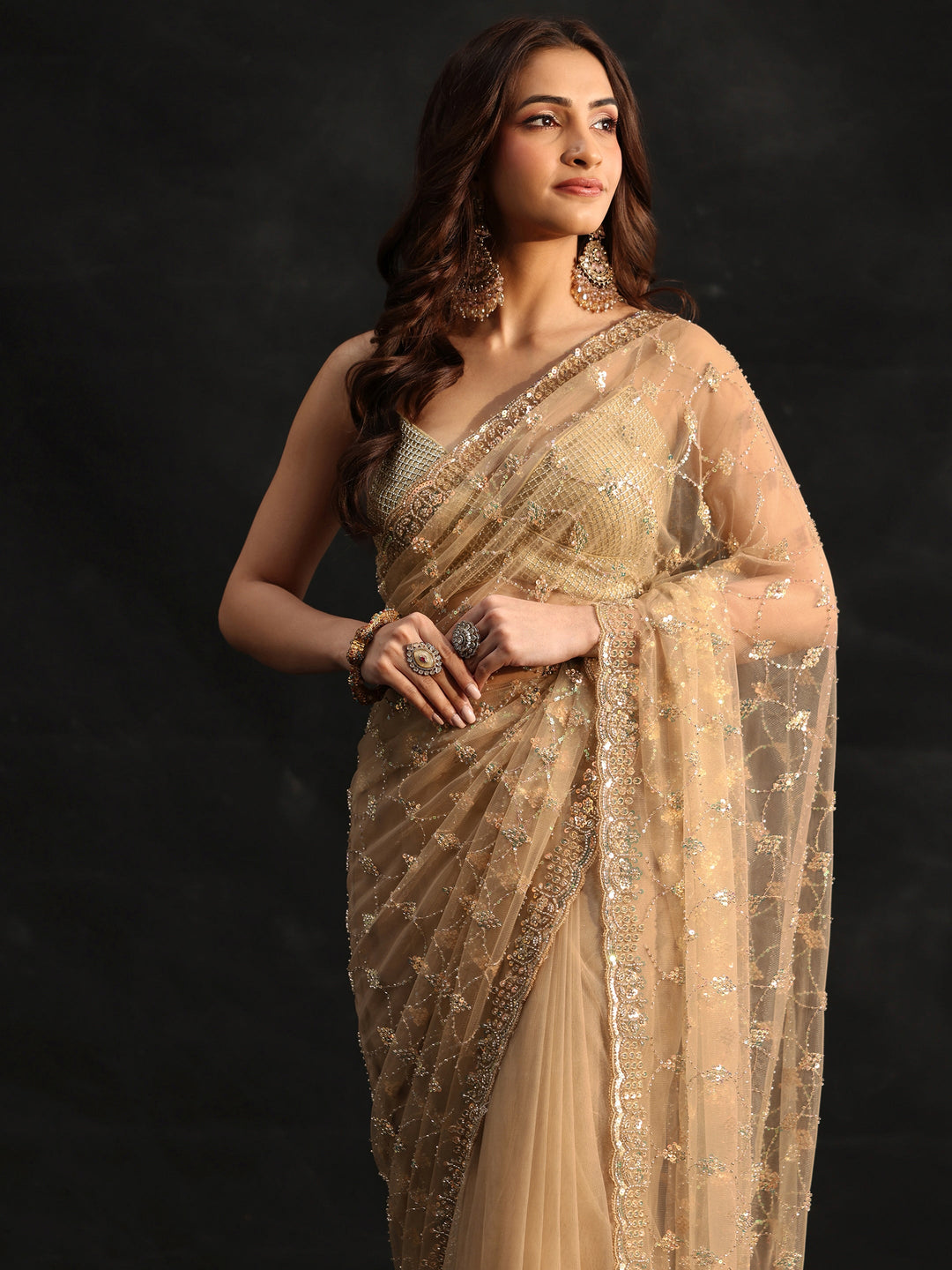  Libas Gold Stone Embellished Net Saree 