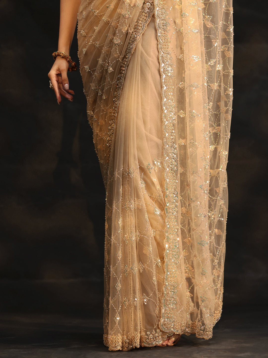  Libas Gold Stone Embellished Net Saree 