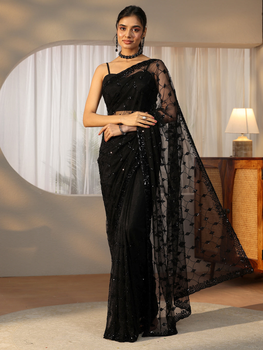 Libas Black Sequin Embellished Net Saree 