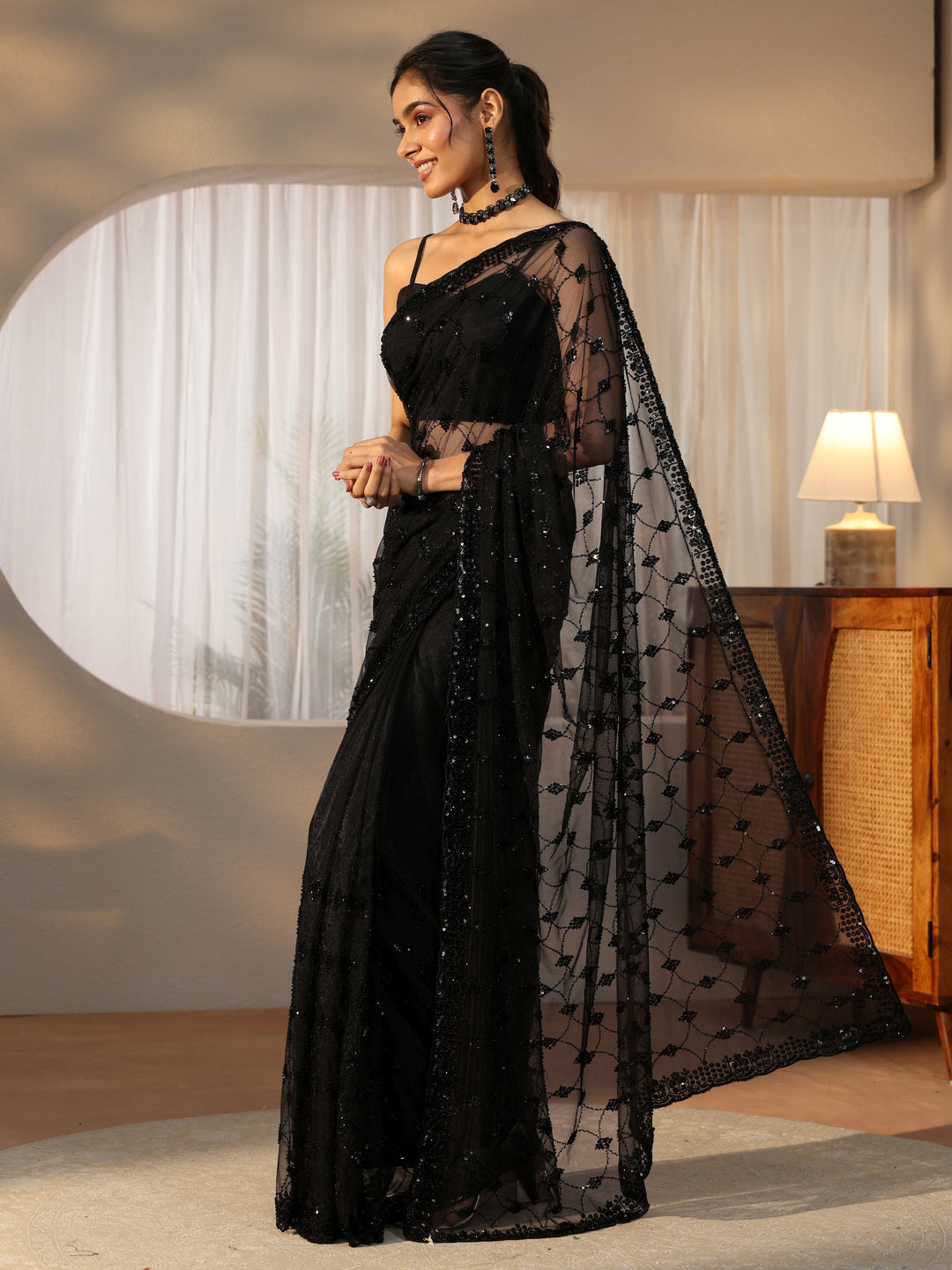  Libas Black Sequin Embellished Net Saree 