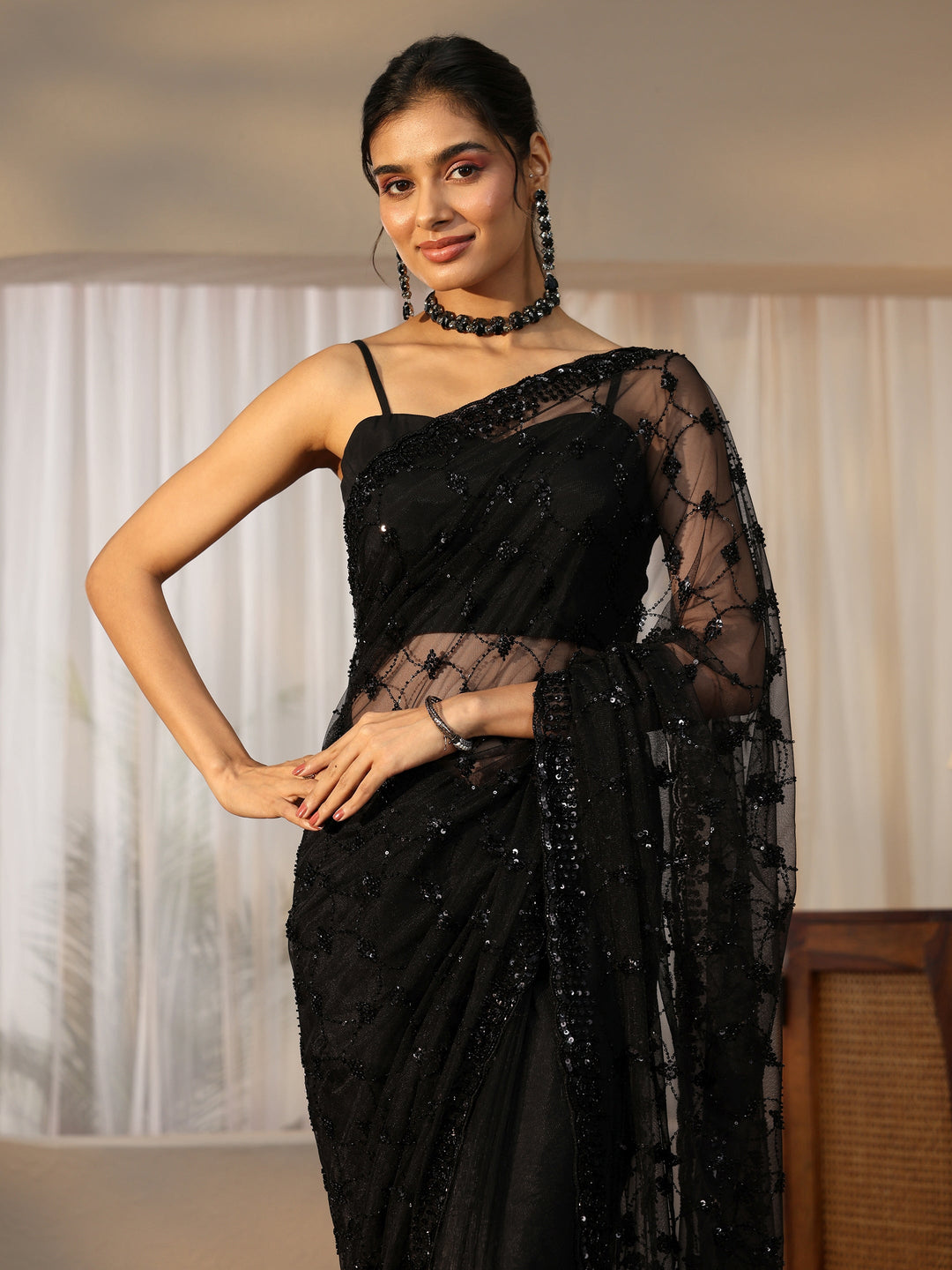  Libas Black Sequin Embellished Net Saree 
