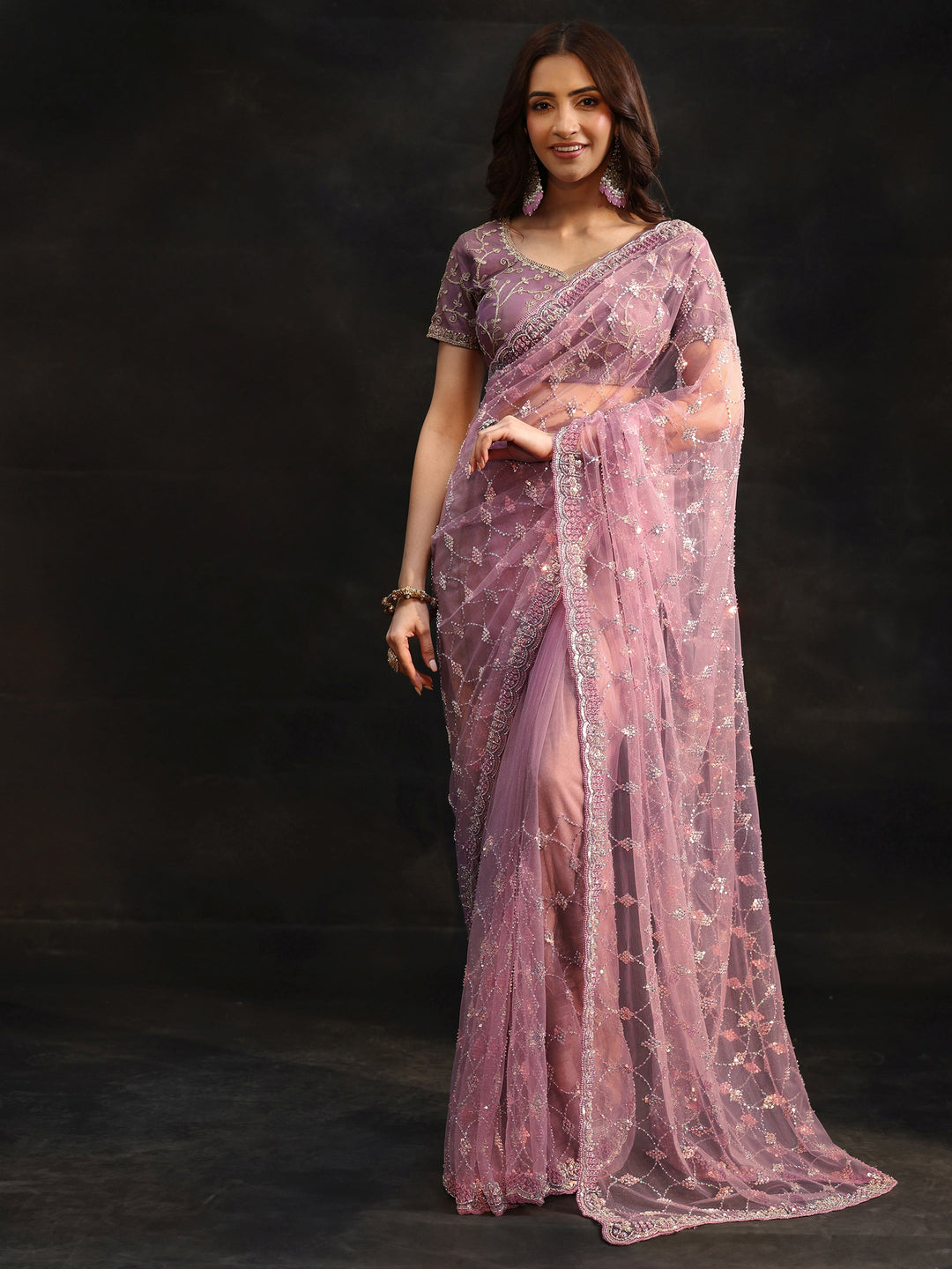 Libas Lavender Stone Embellished Net Saree 