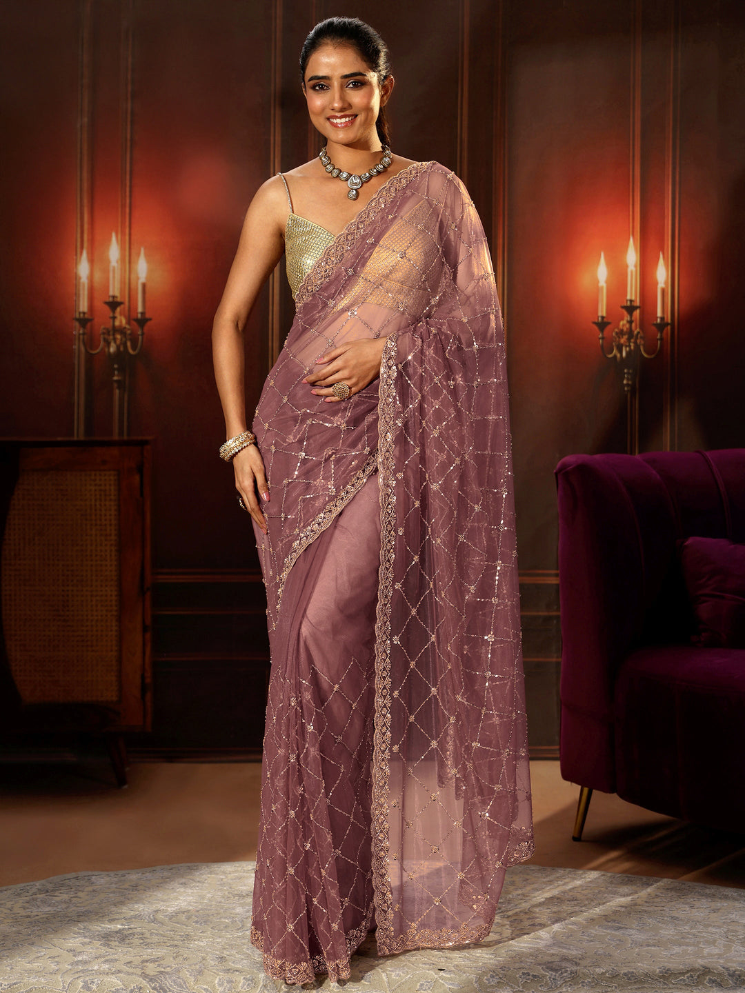  Libas Mauve Embellished Jaal Work Net Saree 