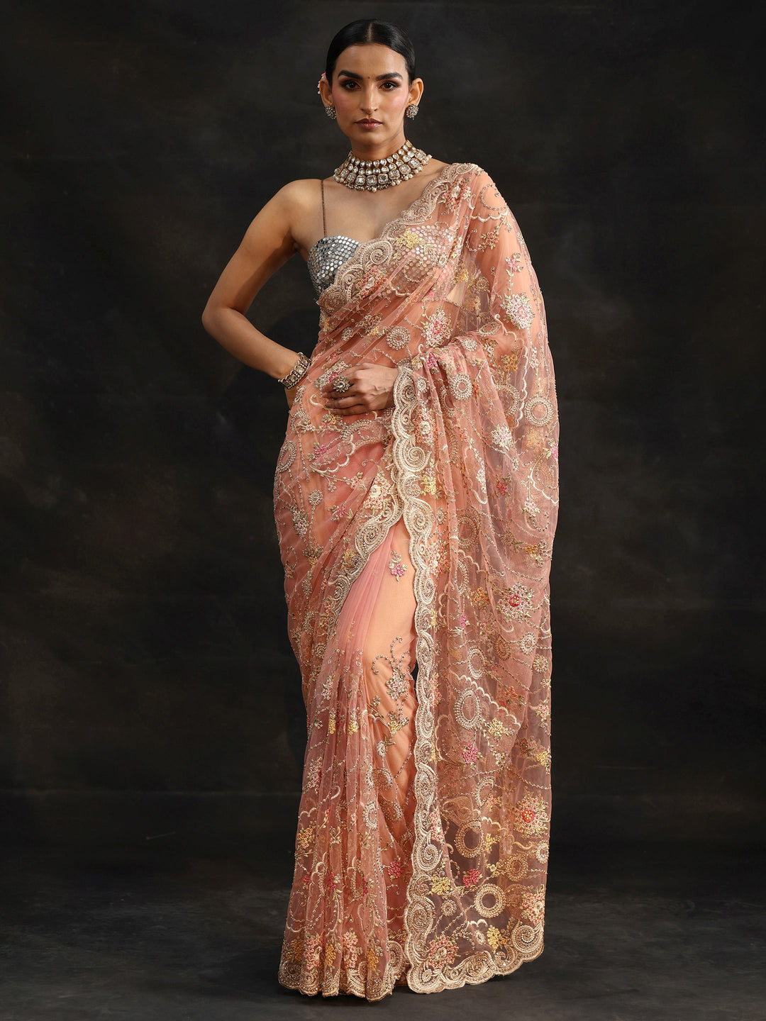  Libas Peach Floral Embroidered Net Saree 