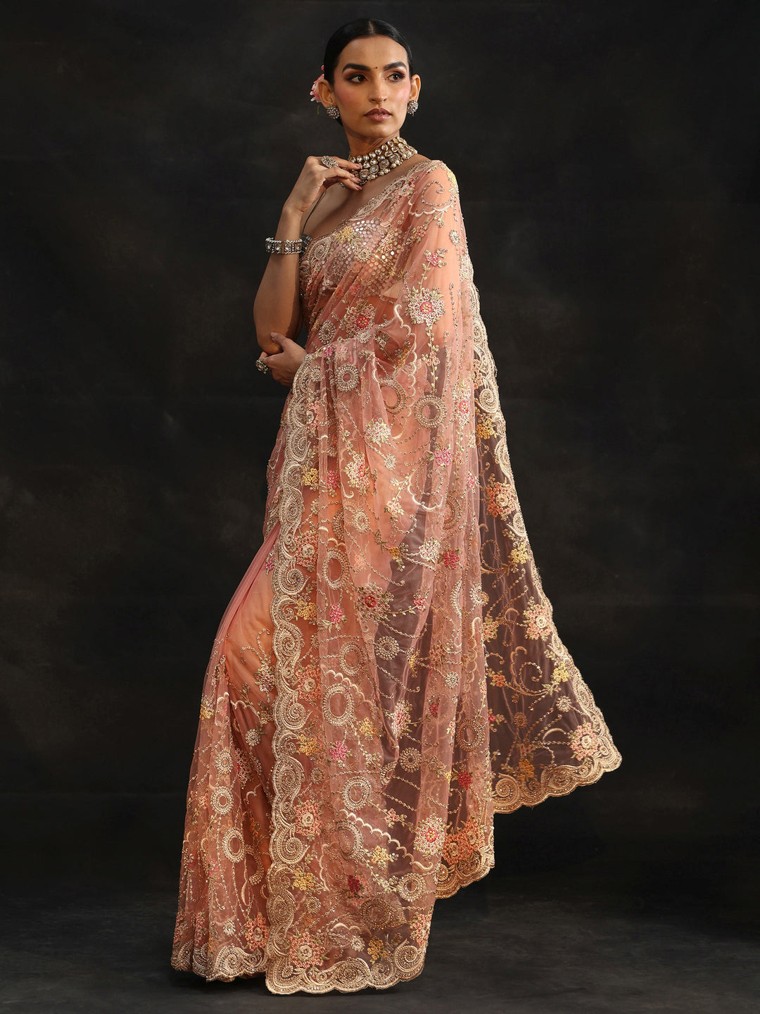  Libas Peach Floral Embroidered Net Saree 