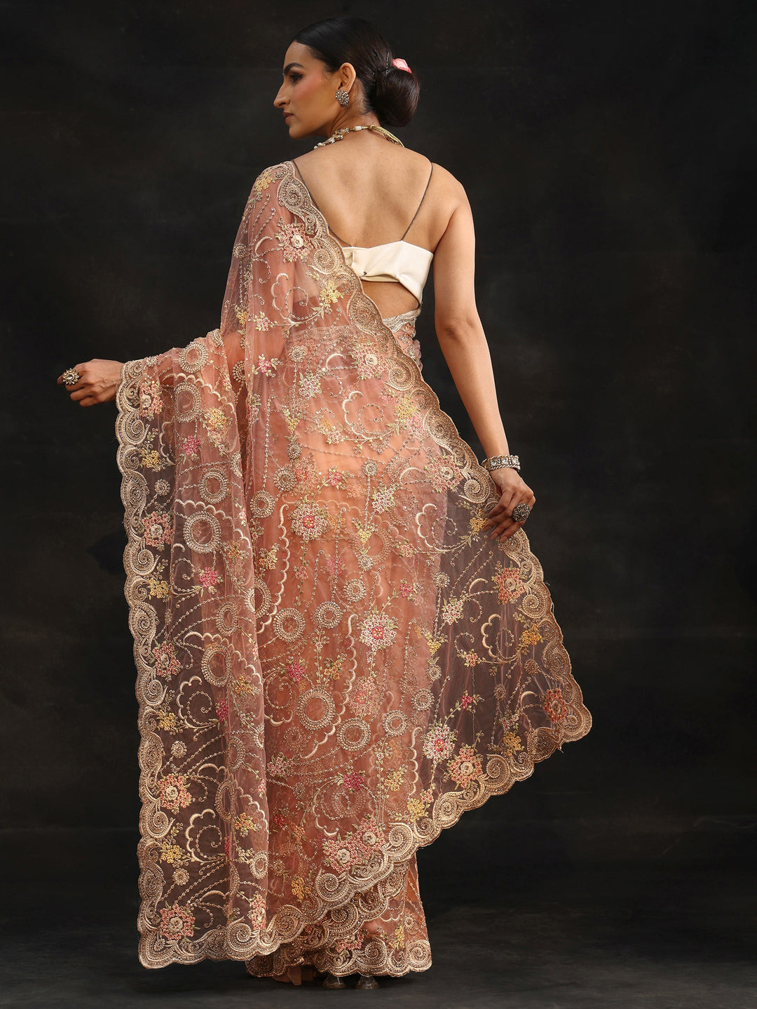  Libas Peach Floral Embroidered Net Saree 