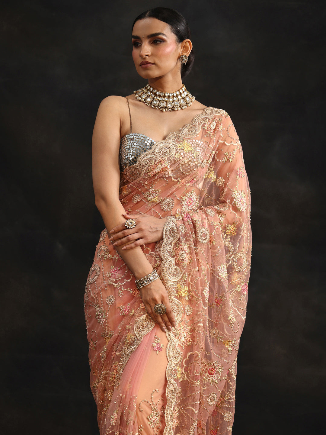  Libas Peach Floral Embroidered Net Saree 