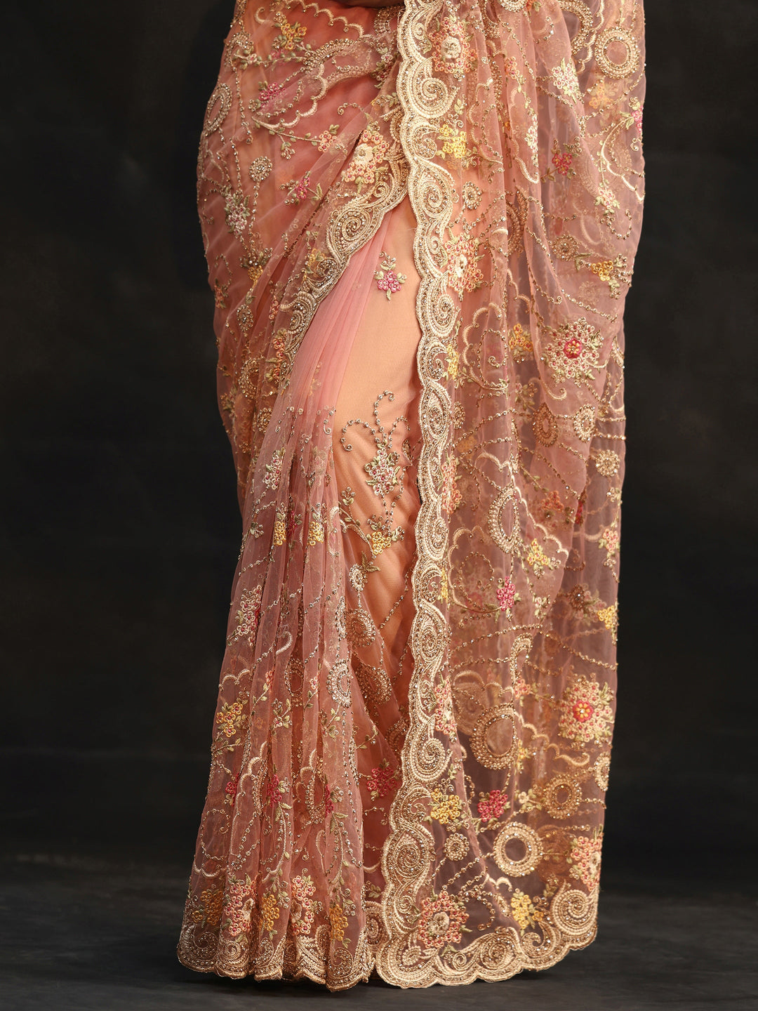  Libas Peach Floral Embroidered Net Saree 