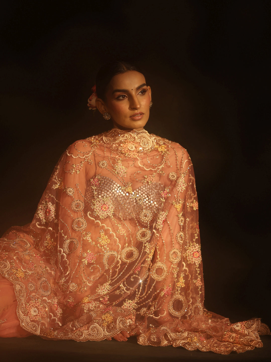  Libas Peach Floral Embroidered Net Saree 